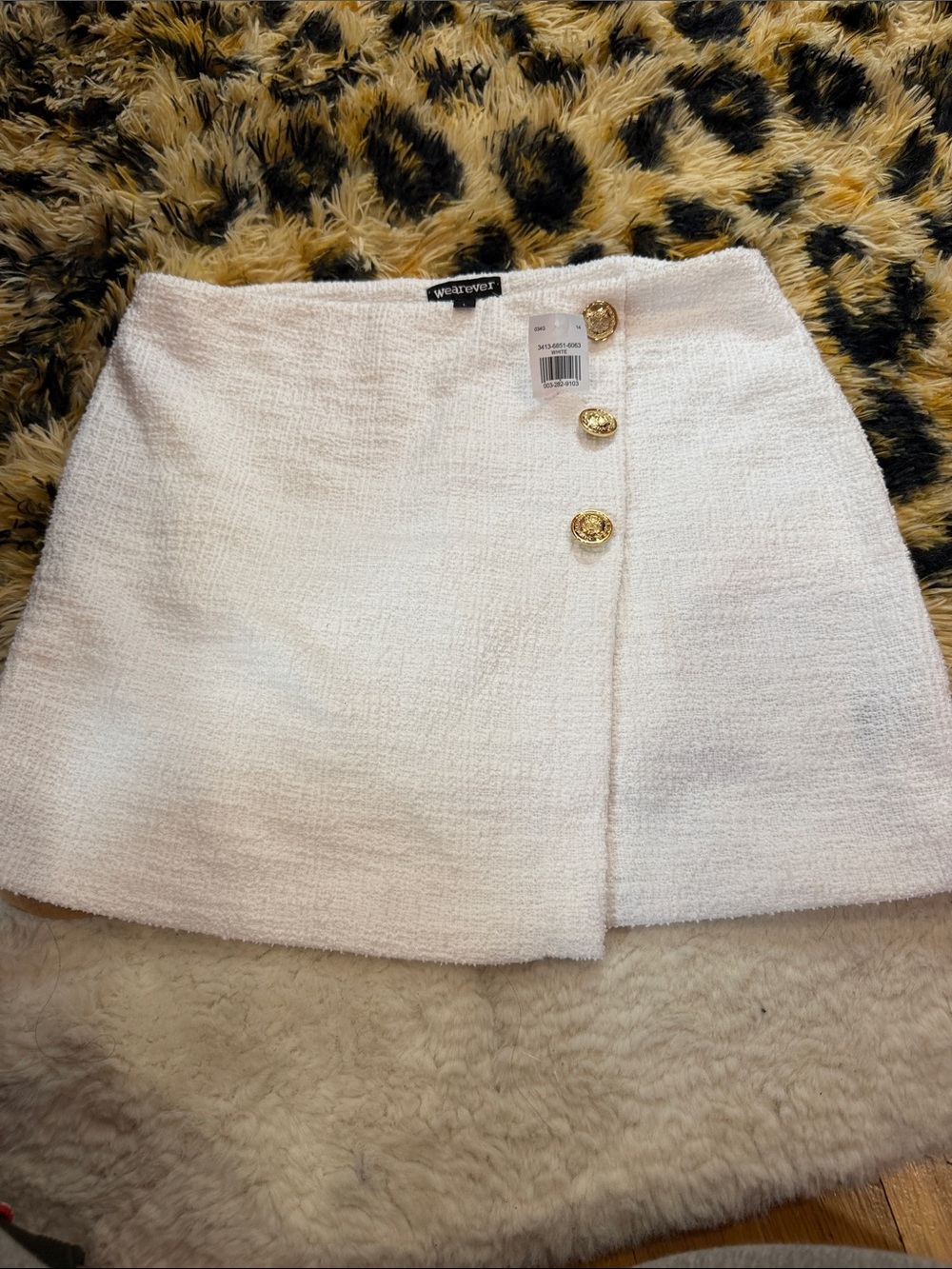 We Are Ever White Bouclé Mini Skirt with Gold Buttons